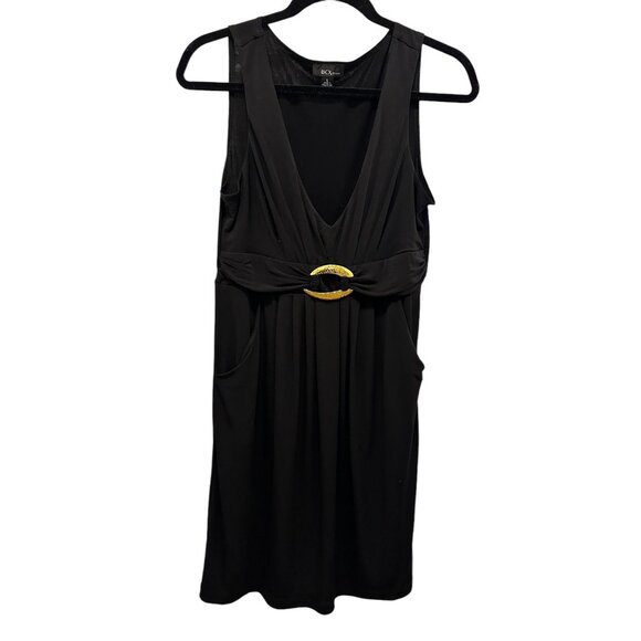 👗 2/$30Black Plunging Neckline Cocktail Dress Gold Buckle Accent & Pockets sz L - Picture 1 of 8